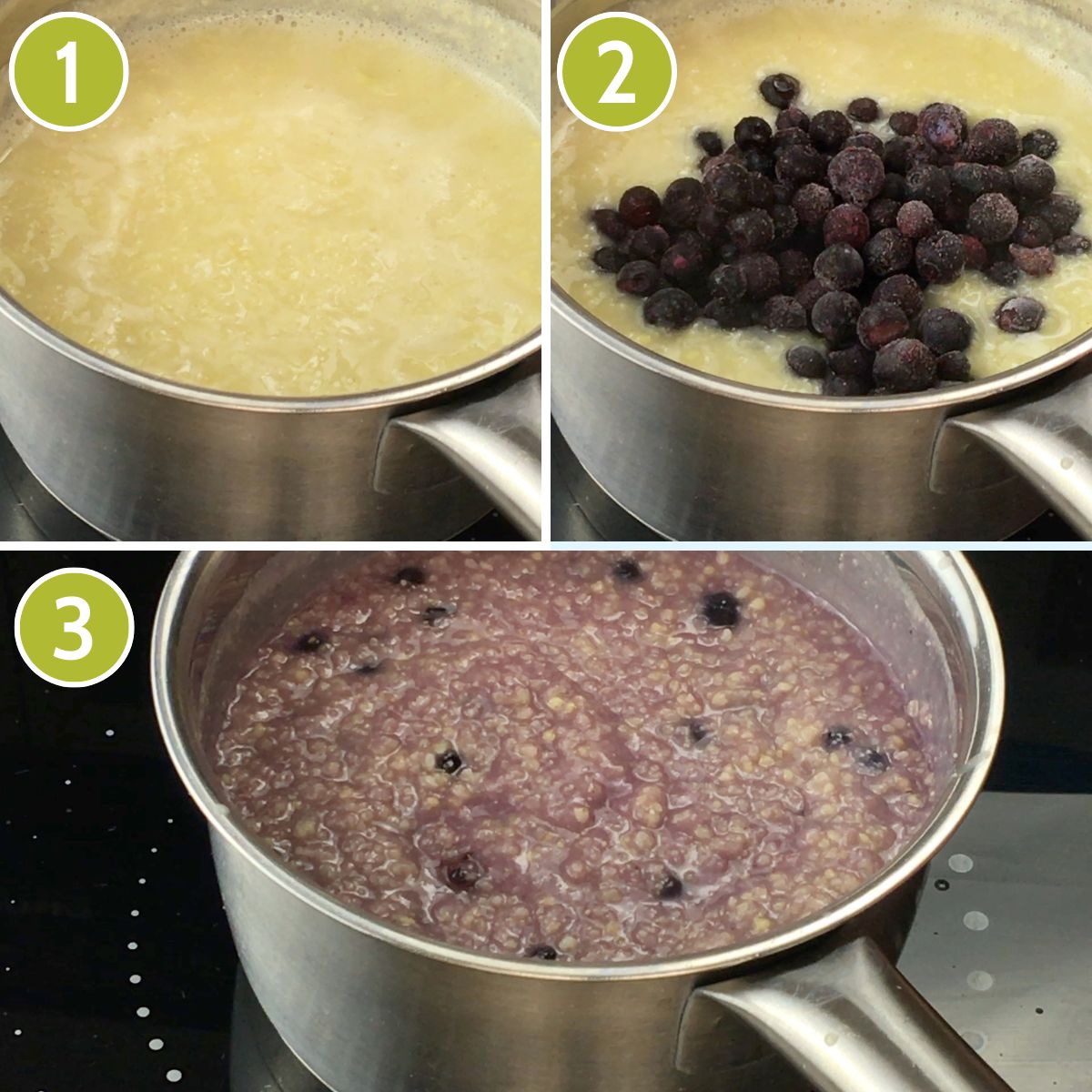 3 photo collage showing how to cook millet porridge in a saucepan. First shows a bubbling water with millet, then frozen blueberries, finally a creamy purple porridge. 