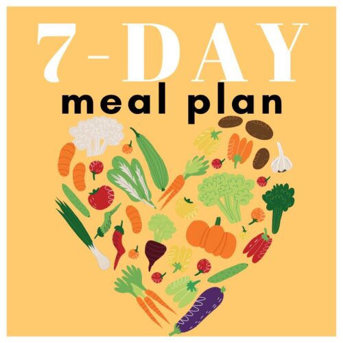 Yellow background with icons of veggies and fruits ordered in a heart shape with a text overlay saying seven day meal plan