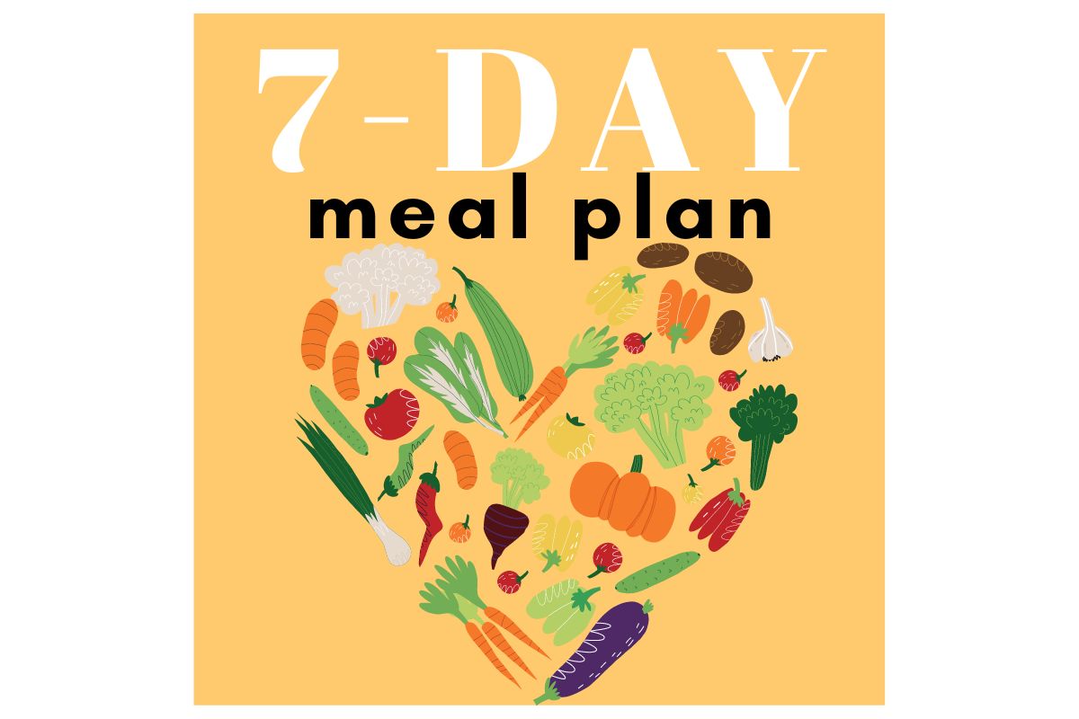 Yellow background with icons of veggies and fruits ordered in a heart shape with a text overlay saying seven day meal plan