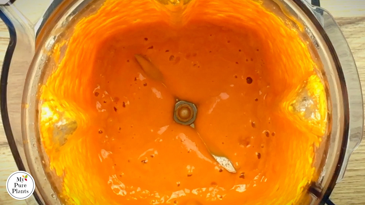 A blender from above with a thick orange sauce