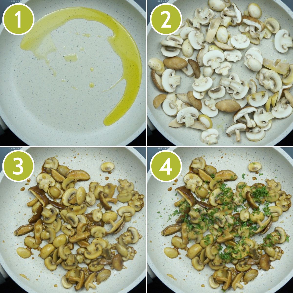 4 photo collage showing a frying pan first with oil, then with raw sliced mushrooms, then getting them golden brown and finally topped with freshly chopped parsley.
