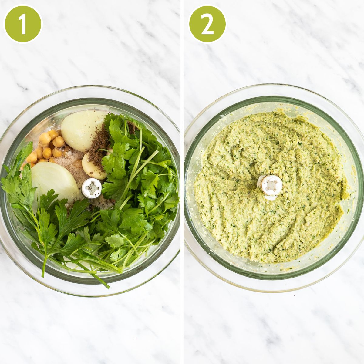 2 photo collage showing a glass food processor container from above first with raw ingredients like green herbs, chickpeas and onion and the second one is the light green crumbly mixture
