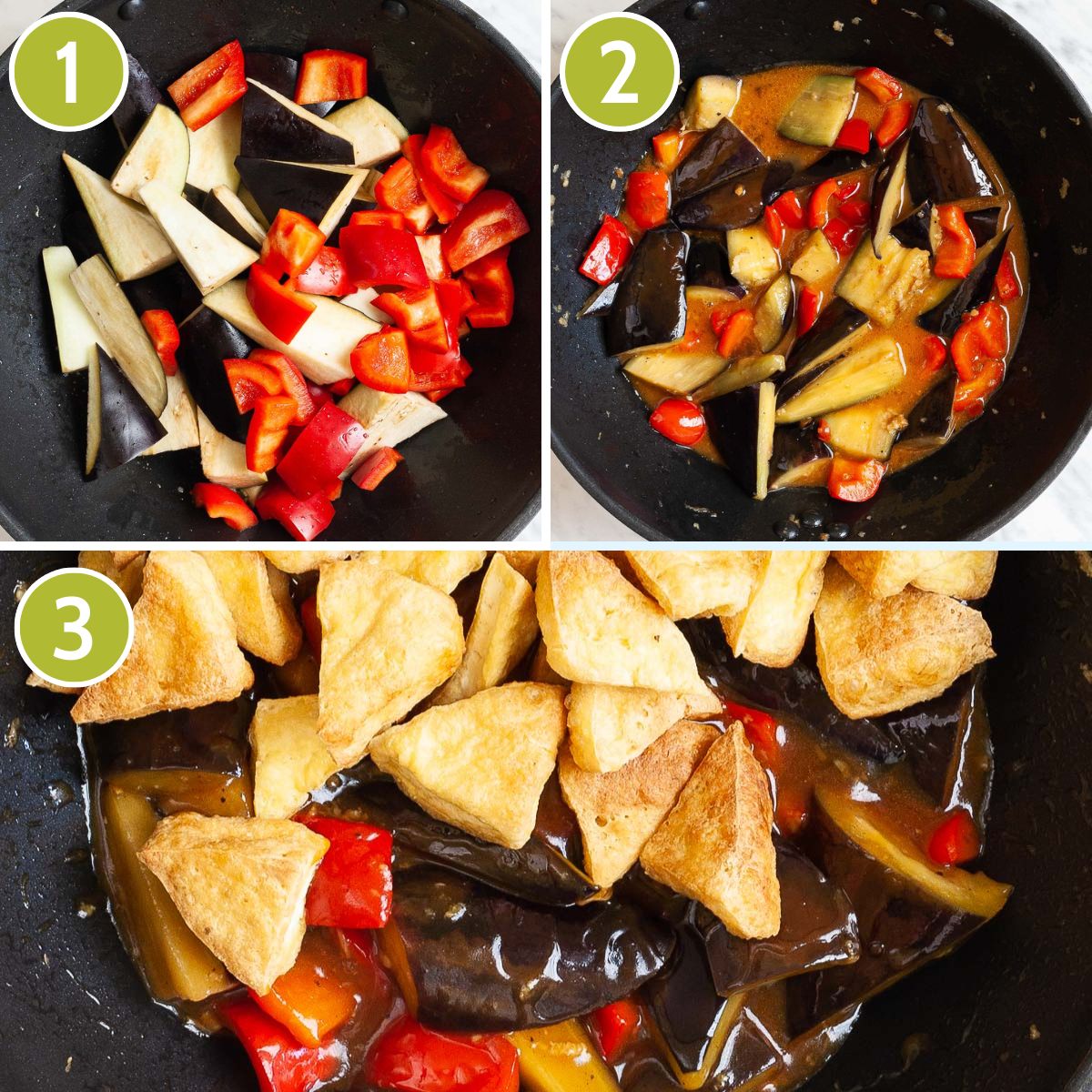 3 photo collage of a wok showing first eggplant and red pepper chunks then a brown sauce poured on them, finally puffy brown tofu cubes are added