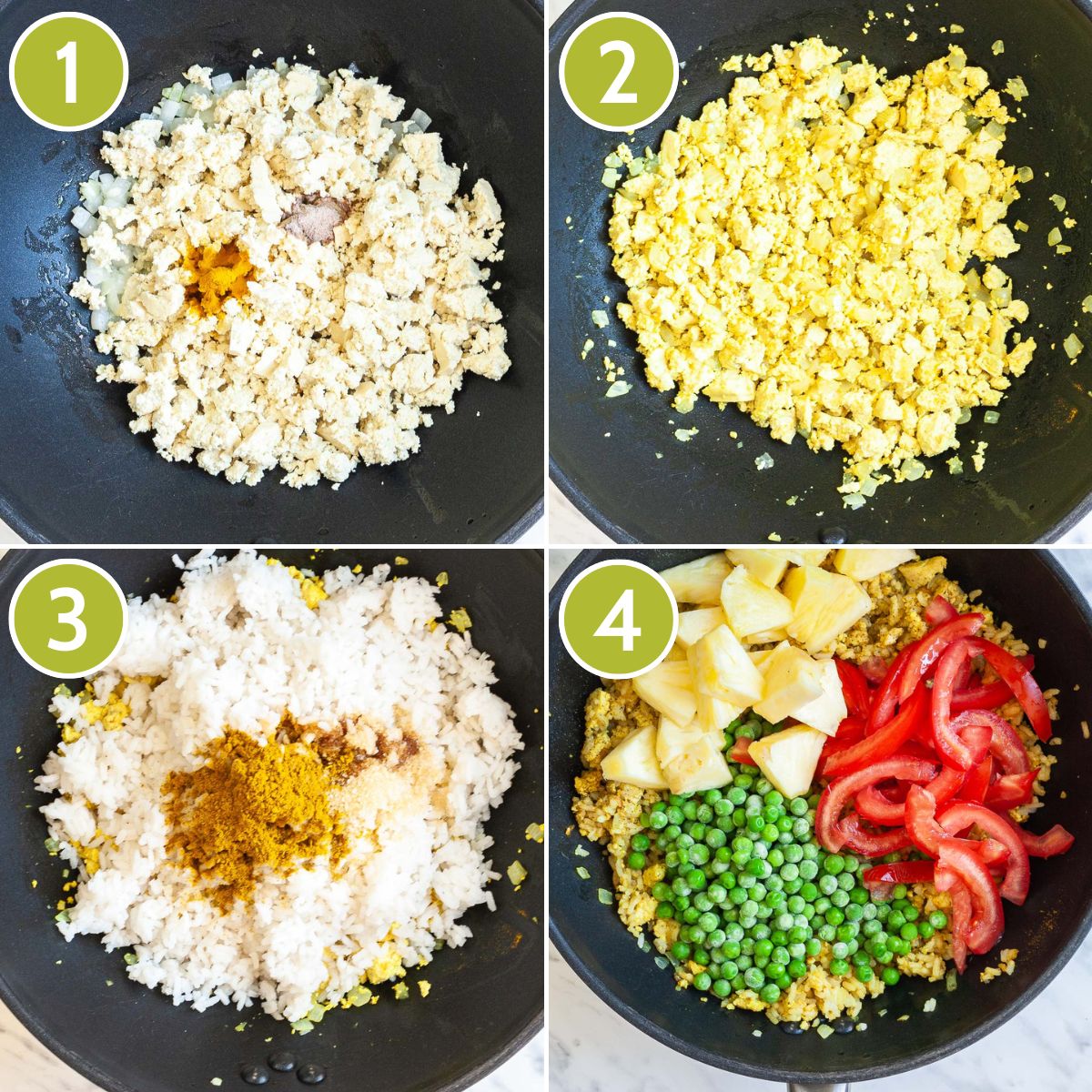 4 photo collage of a wok showing how to make pineapple tofu fried rice by showing tofu scramble with different spices, rice, pineapple chunks, tomato slices and peas added in every step.