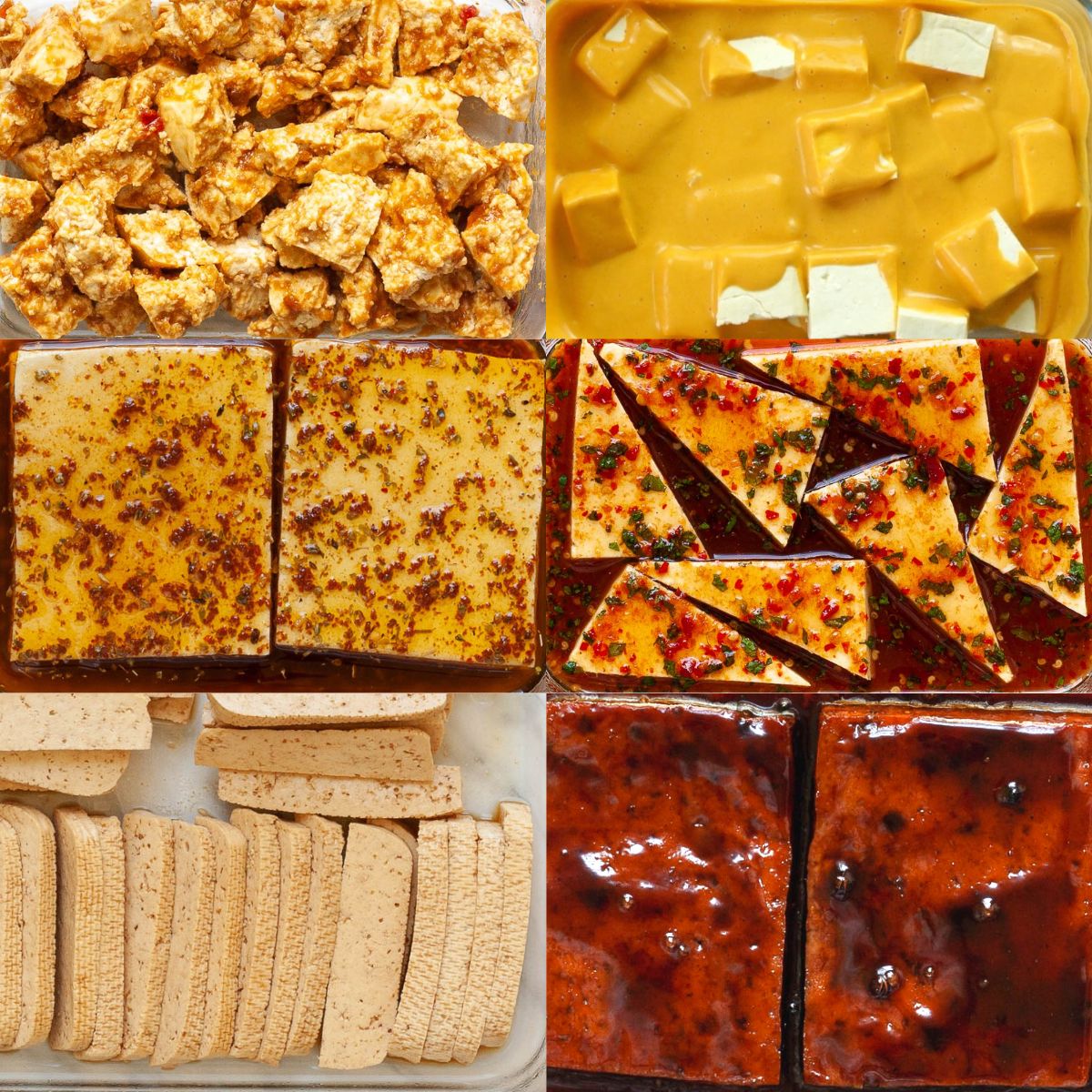 6 photo collage of different tofu pieces swimming in different colored tofu marinades