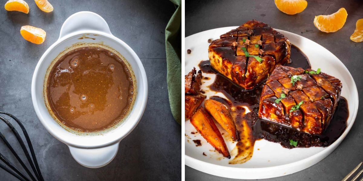 Two photo collage showing a picture of a tofu marinade along with a baked tofu with slices of oranges at the back.