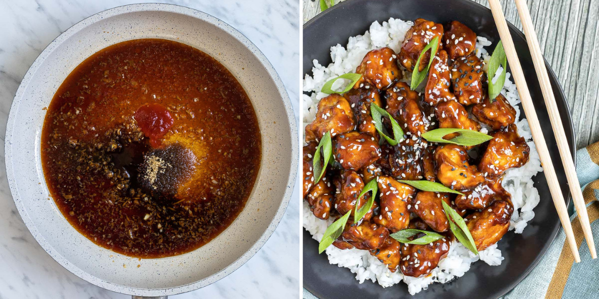 Two photo collage showing a picture of Mongolian marinade in a pan, and cooked Mongolian tofu stir fry with rice in a bowl.