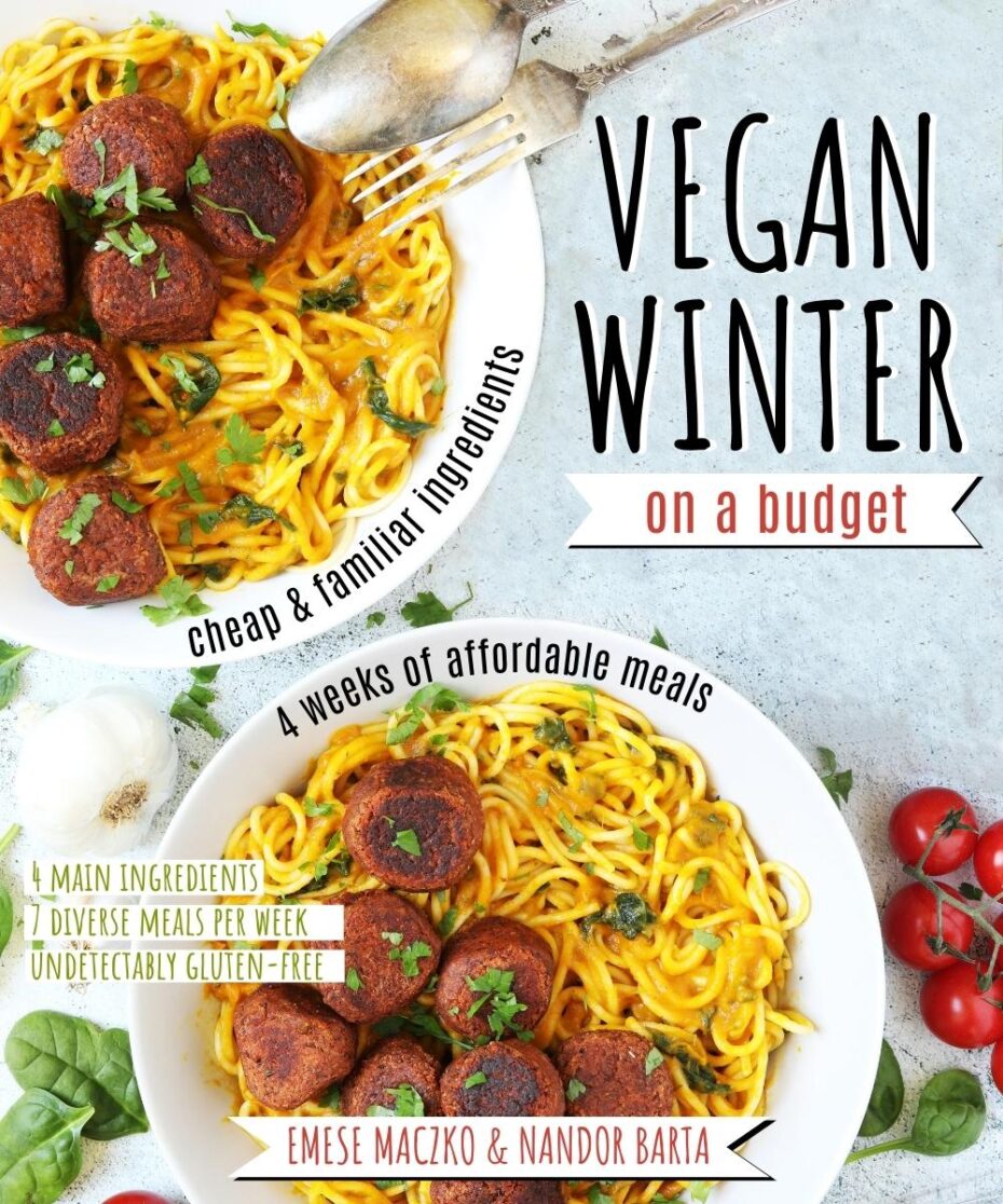 Two bowls of yellow spaghetti with reddish brown meatballs with text overlays