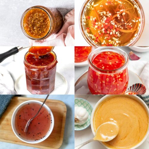6 dipping sauces in small glass jars or white bowls in a variety of color from red, yellow to brown.