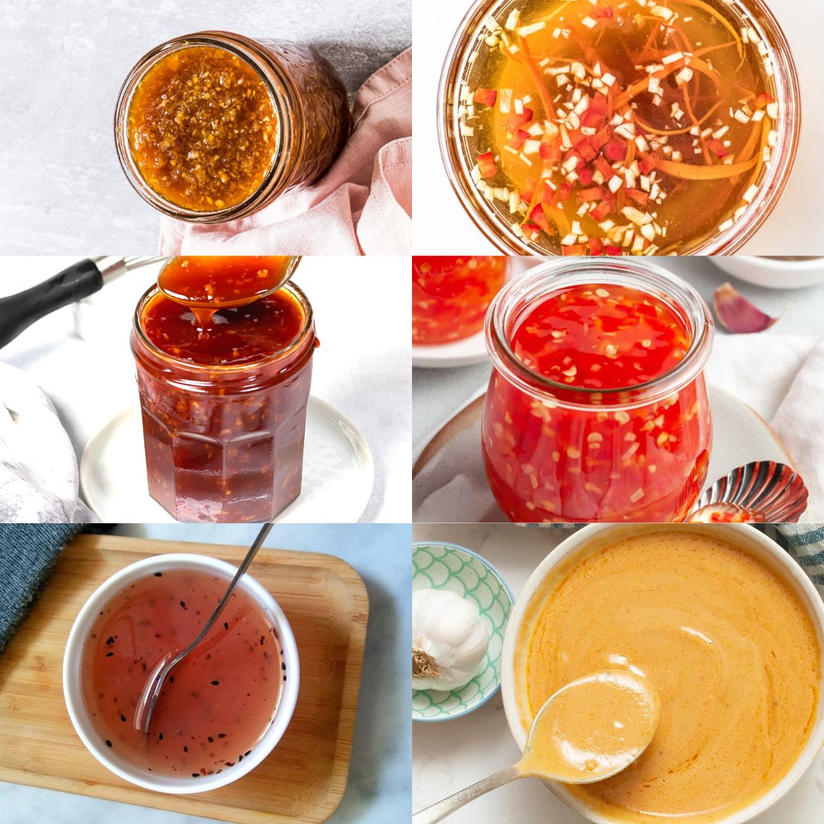 6 dipping sauces in small glass jars or white bowls in a variety of color from red, yellow to brown. 