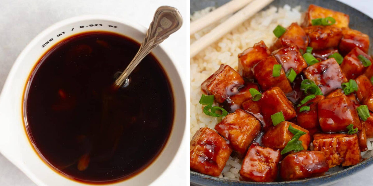 Two photo collage showing a picture of sticky miso tofu marinade in a bowl with a spoon, and cooked tofu and broccoli with rice in a bowl.