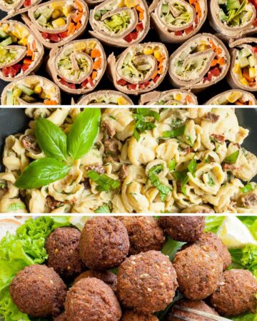 3 meals using hummus one colorful veggie pinwheels, one with crispy brown falafel balls, and one with creamy shell pasta.