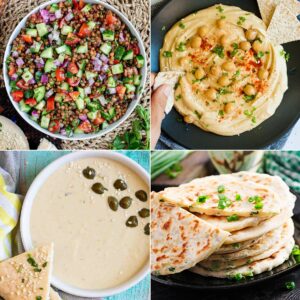 4 sides to serve with falafel, a lentil tabbouleh, hummus, tahini sauce, and naan.