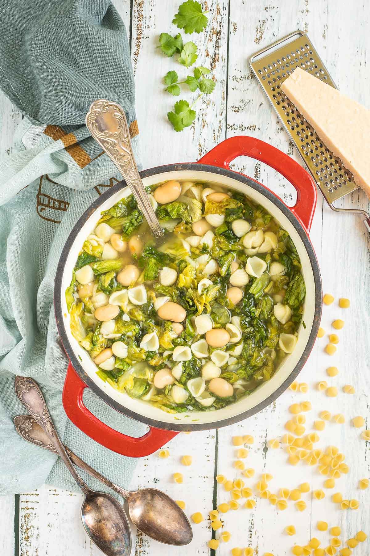 A red white enameled Dutch oven with a thin soup loaded with white beans, chopped green escarole, and small shell pasta.