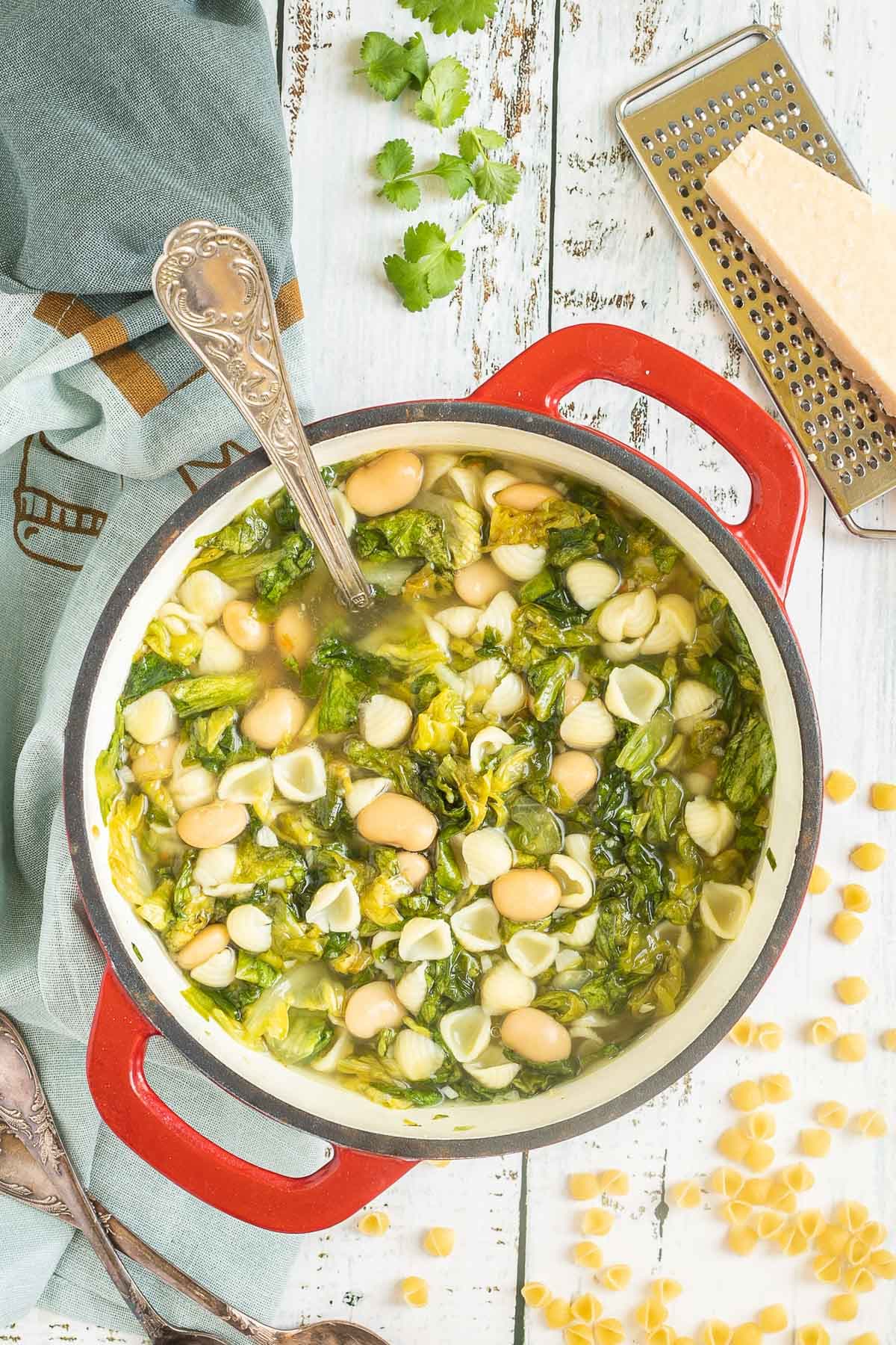 A red white enameled Dutch oven with a thin soup loaded with white beans, chopped green escarole, and small shell pasta.