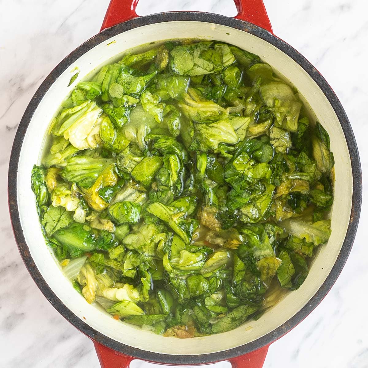 A red white enameled Dutch oven with chopped wilted green escarole in a thin soup.