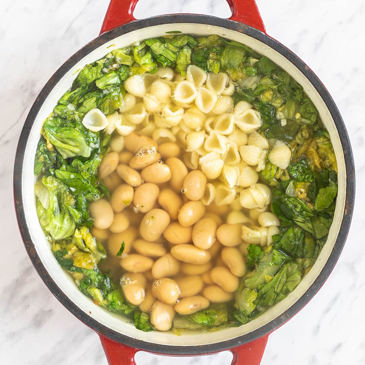 A red white enameled Dutch oven with chopped wilted green escarole, white beans and small shell pasta in a thin soup.