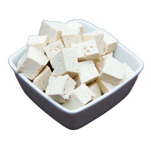 Small dark gray and white bowl with tofu cubes