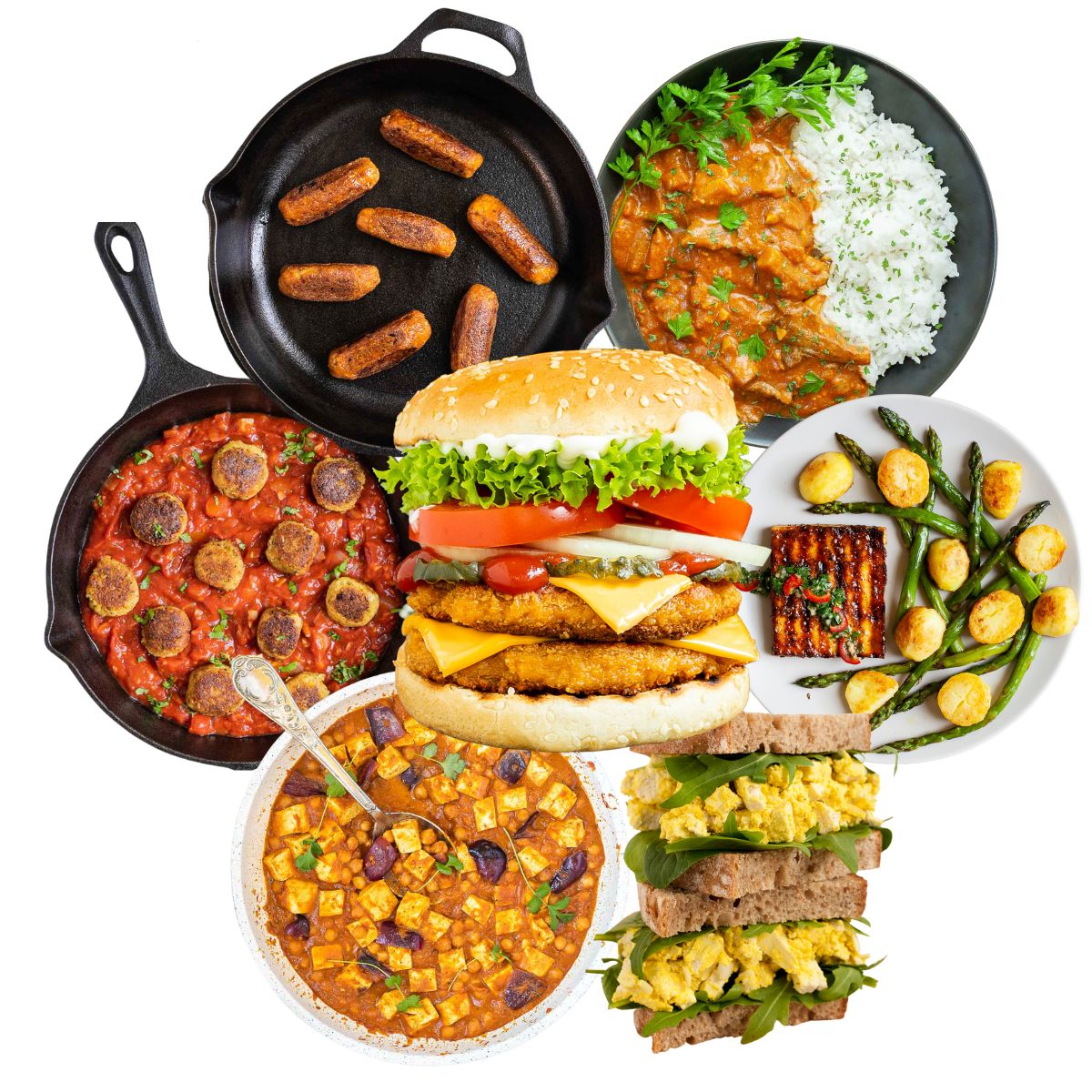 7 photo collage of different tofu recipes, a burger, meatballs, sausages, egg salad, curry, tofu steak, and tikka masala