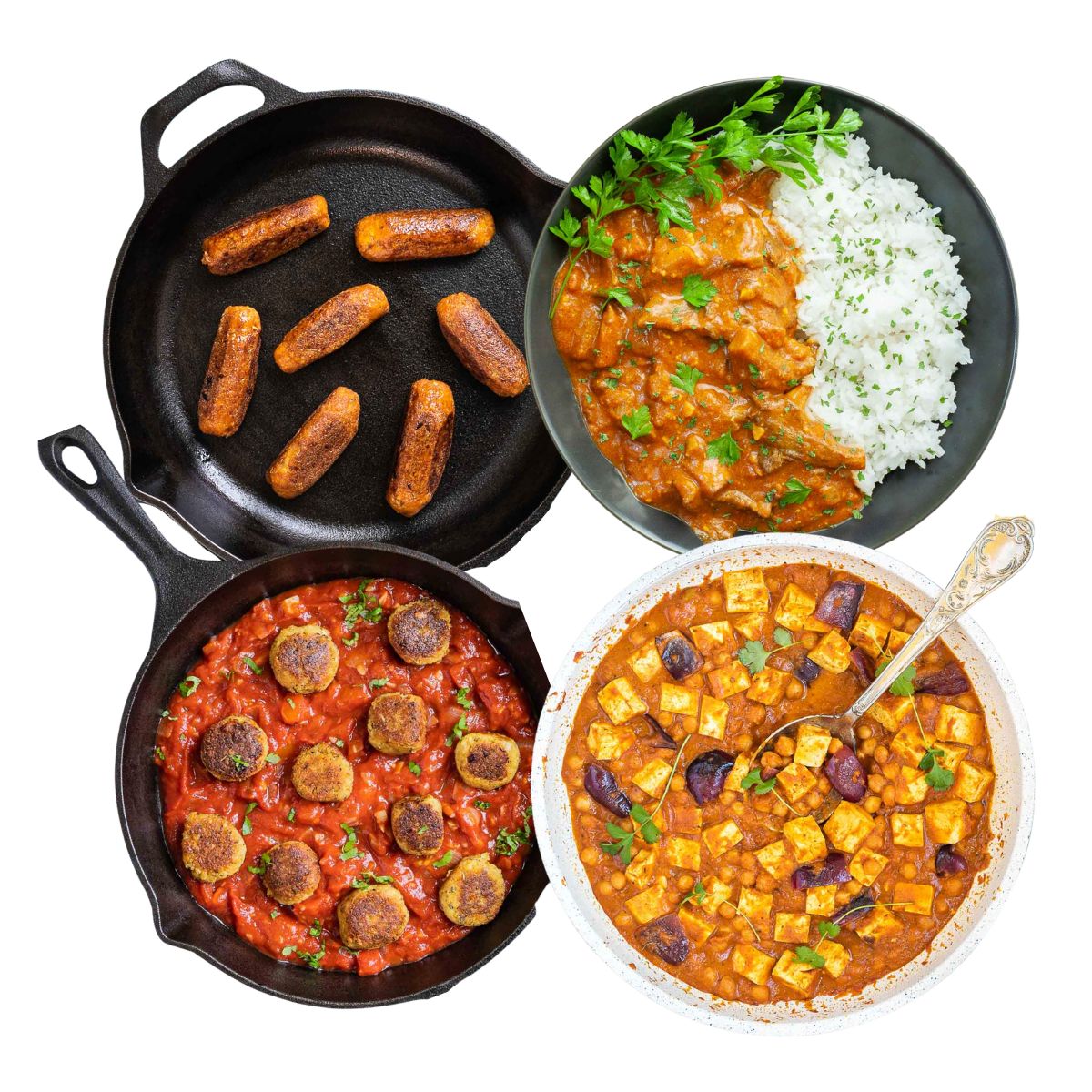 4 photos of different tofu recipes, one sausage in a black skillet, one meatballs in a red sauce, one tofu cubes in orange sauce and one tofu in orange sauce on top of rice