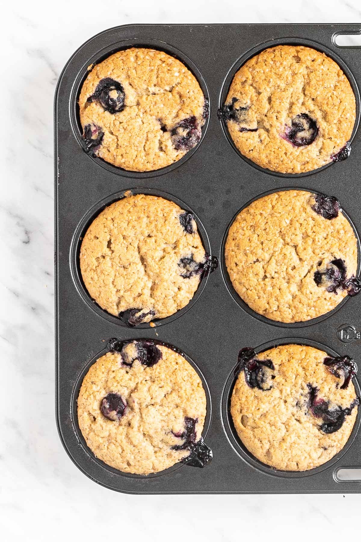 Baked lemon blueberry muffins in a muffin tin