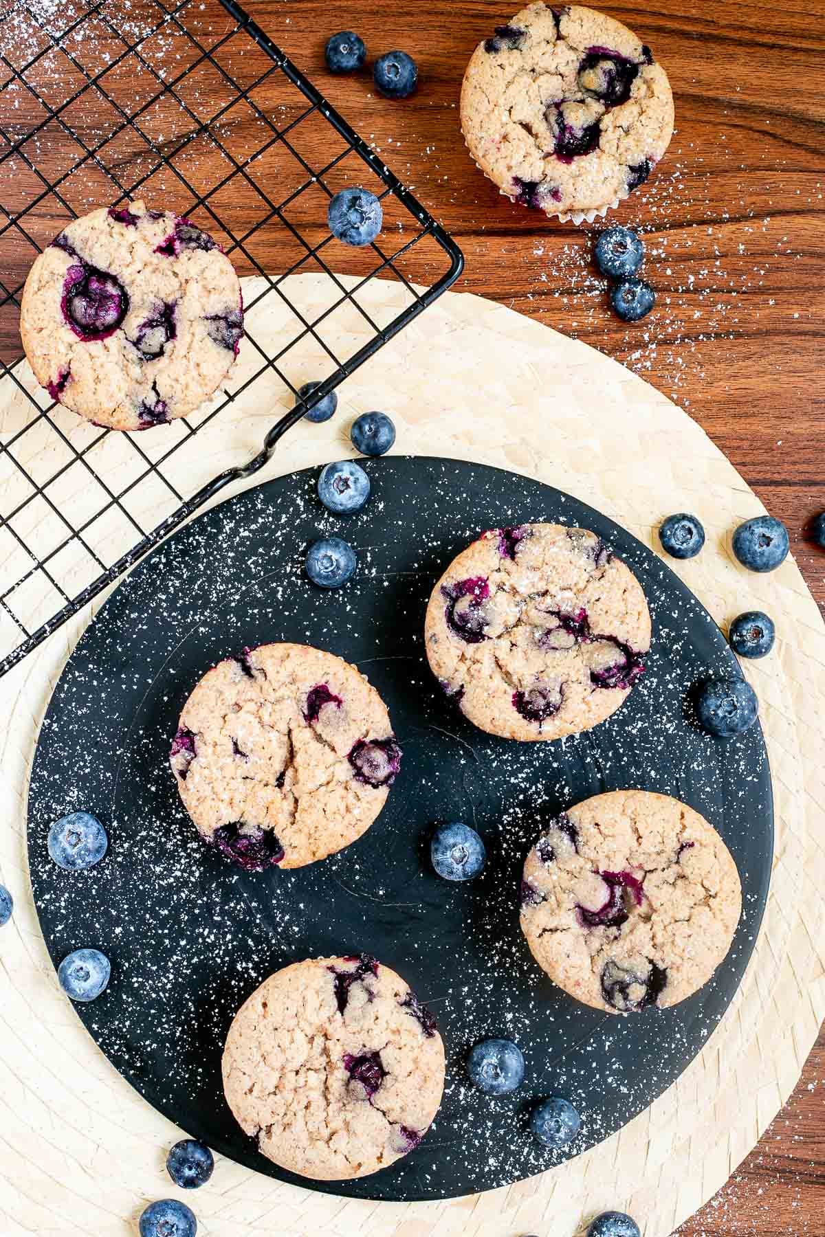 Blueberry muffins on a black board dusted with powdered sugar and surrounded by fresh bluberries.