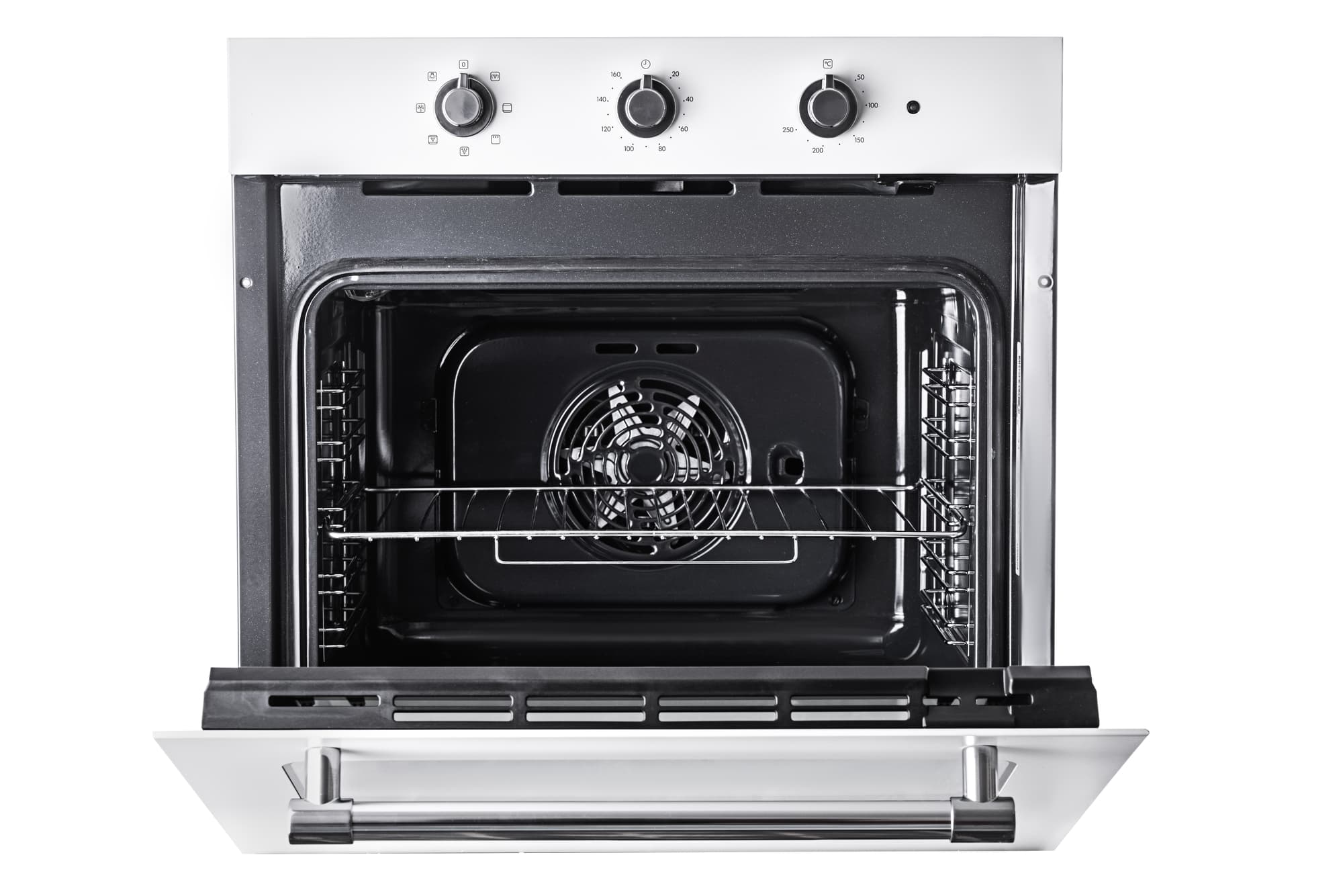 Oven with open doors so you can see the wire rack and the fan at the back