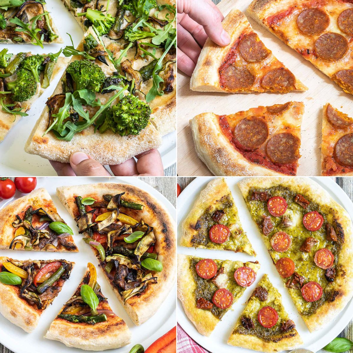 4 sliced pizzas with different toppings from green to pepperoni