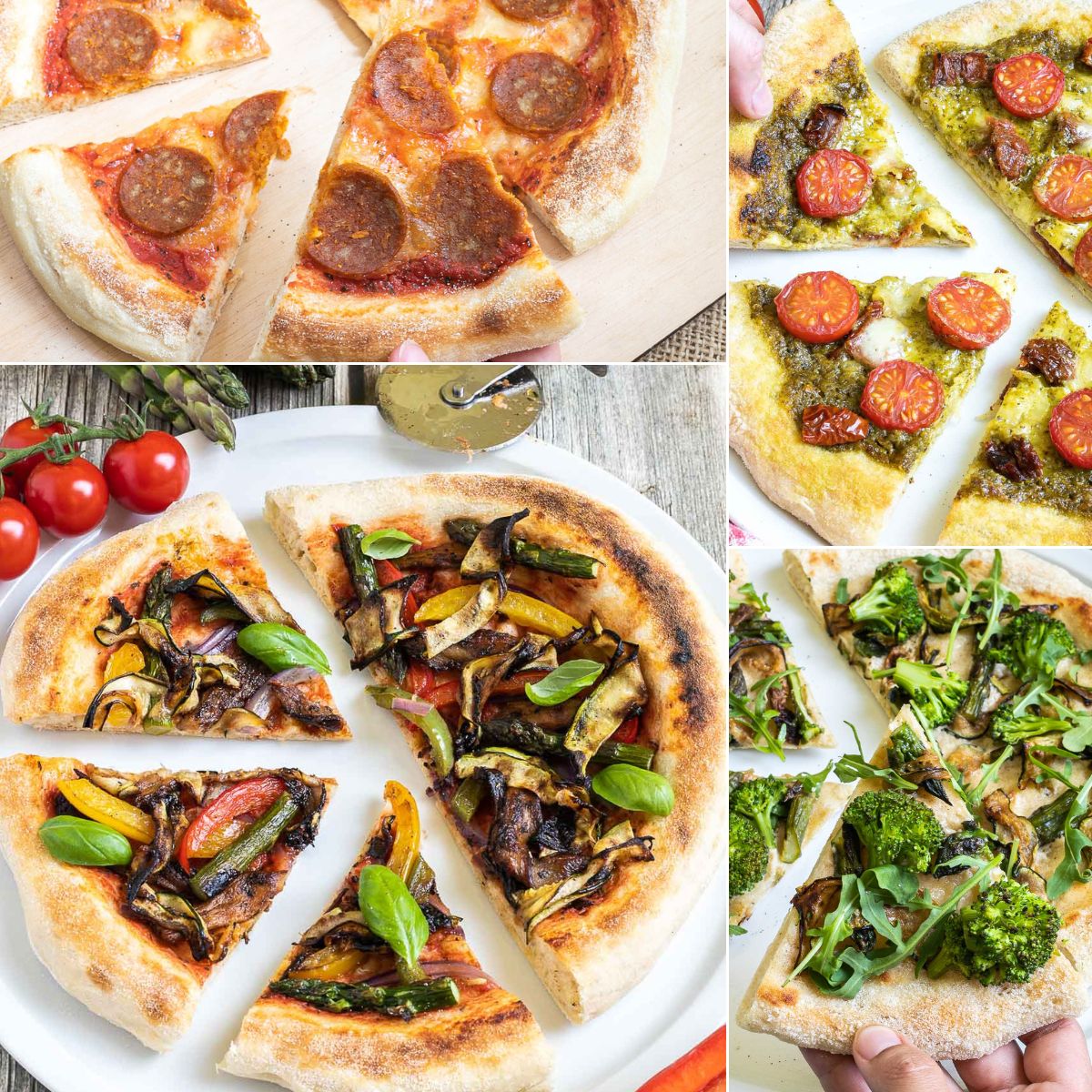 4 sliced pizzas with different toppings from green to pepperoni