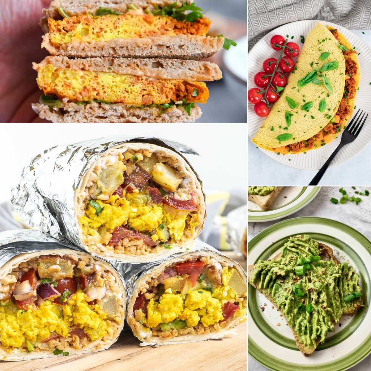 Photos of different vegan breakfast recipes from burrito, to omelette and sandwiches.