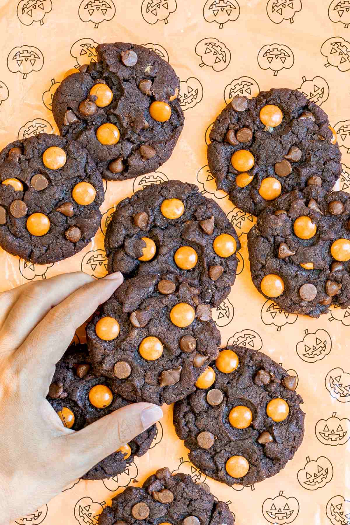 Dark brown cookies with orange m&ms, and chocolate chips on an orange surface with a pumpkin pattern. A hand is grabbing one.