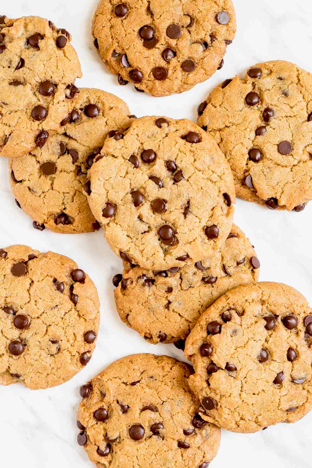 Lots of chocolate chip cookies on a white wooden surface.