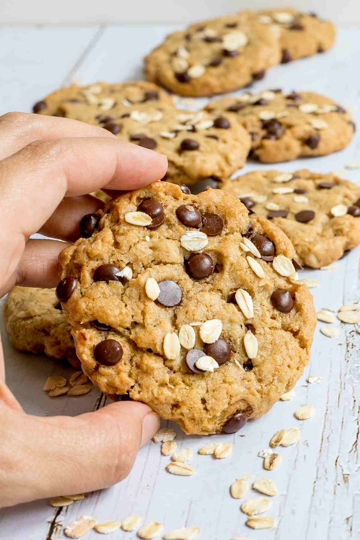 Lots of cookies with oats and chocolate chips on a wooden surface. More oats are sprinkled around them. A hand is lifting one cookie up.