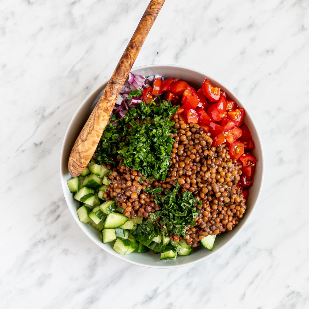 Large white bowl with several chopped ingredients: brown lentils, cucumber, tomatoes, red onion and fresh green herbs. A wooden spoon is placed inside.