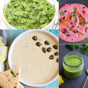 4 photo collage showing different sauces from green, pink to light brown.
