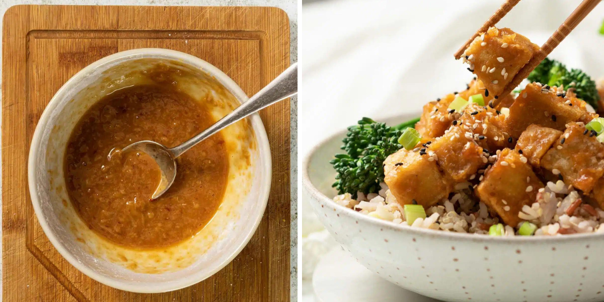 Two photo collage showing a picture of sticky miso tofu marinade in a bowl with a spoon, and cooked tofu and broccoli with rice in a bowl.