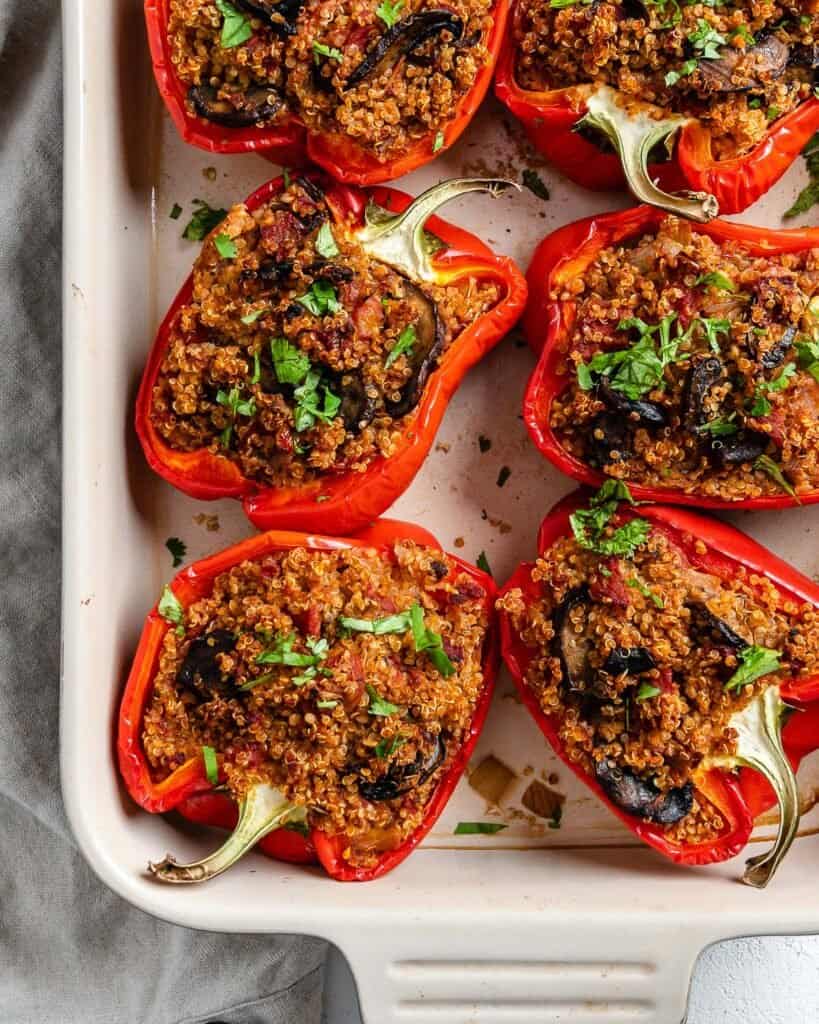completed Quinoa Stuffed Peppers in a baking tray.
