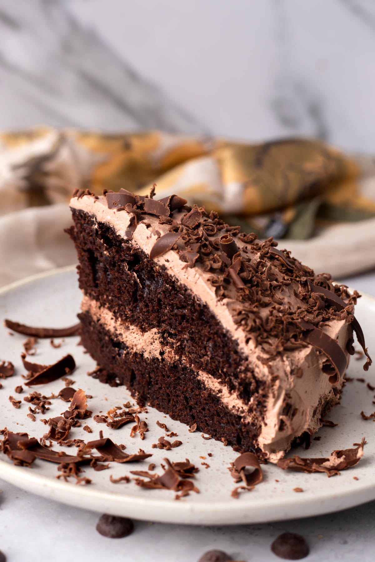 Slice of chocolate cake on a white plate.