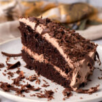 Slice of chocolate cake on a white plate.