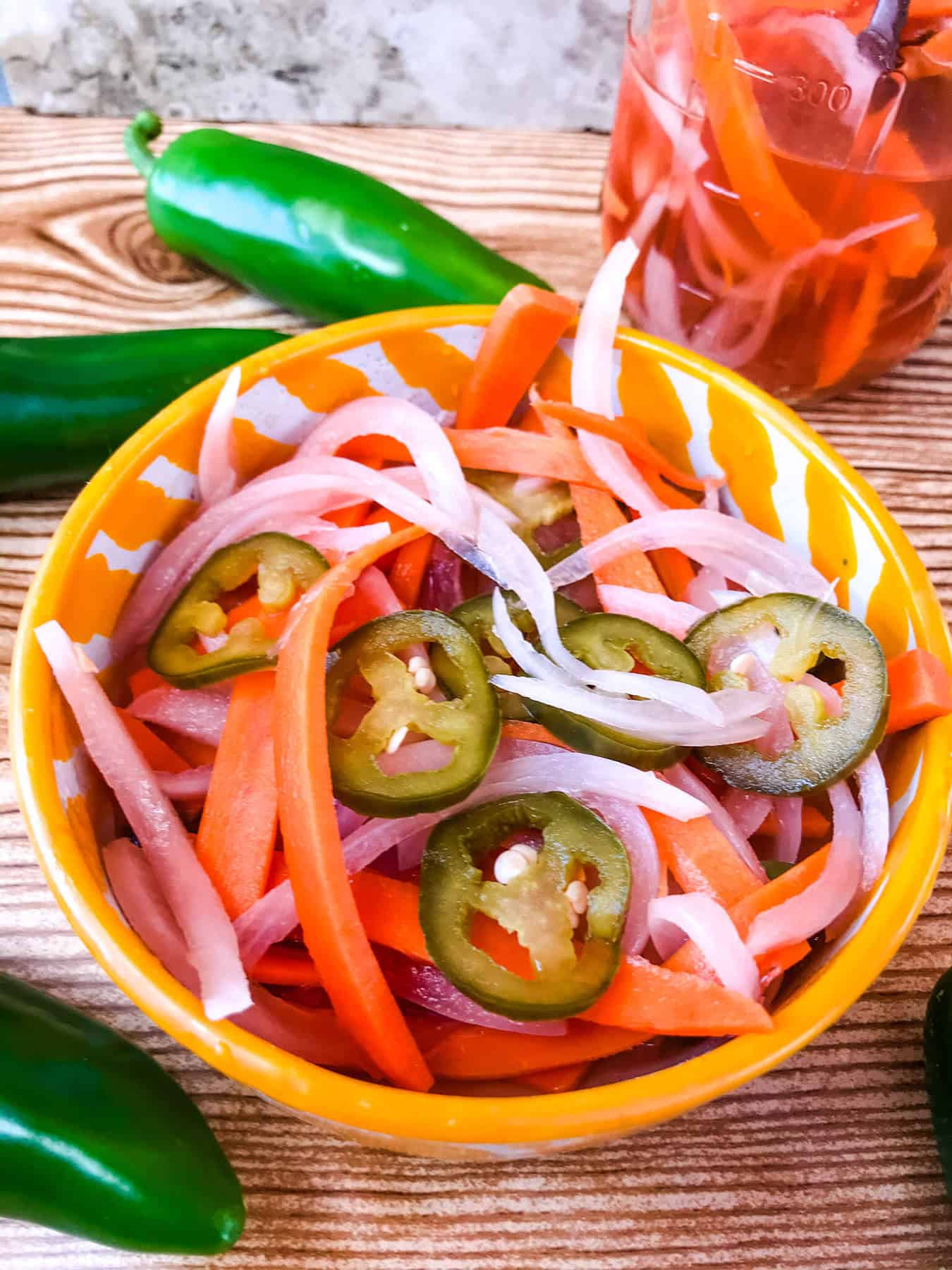 A bowl of carrots, onions, and jalapenos for Homemade Escabeche.