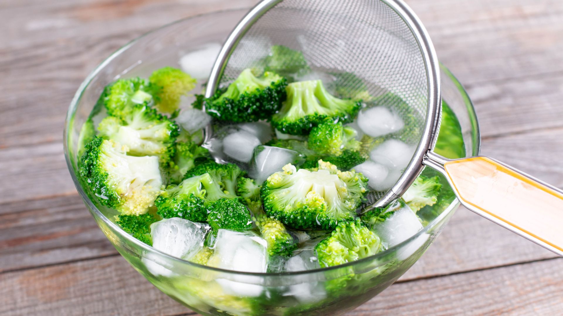 Blanched broccoli in ice bath