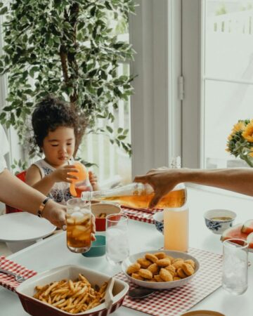 A family is having dinner.